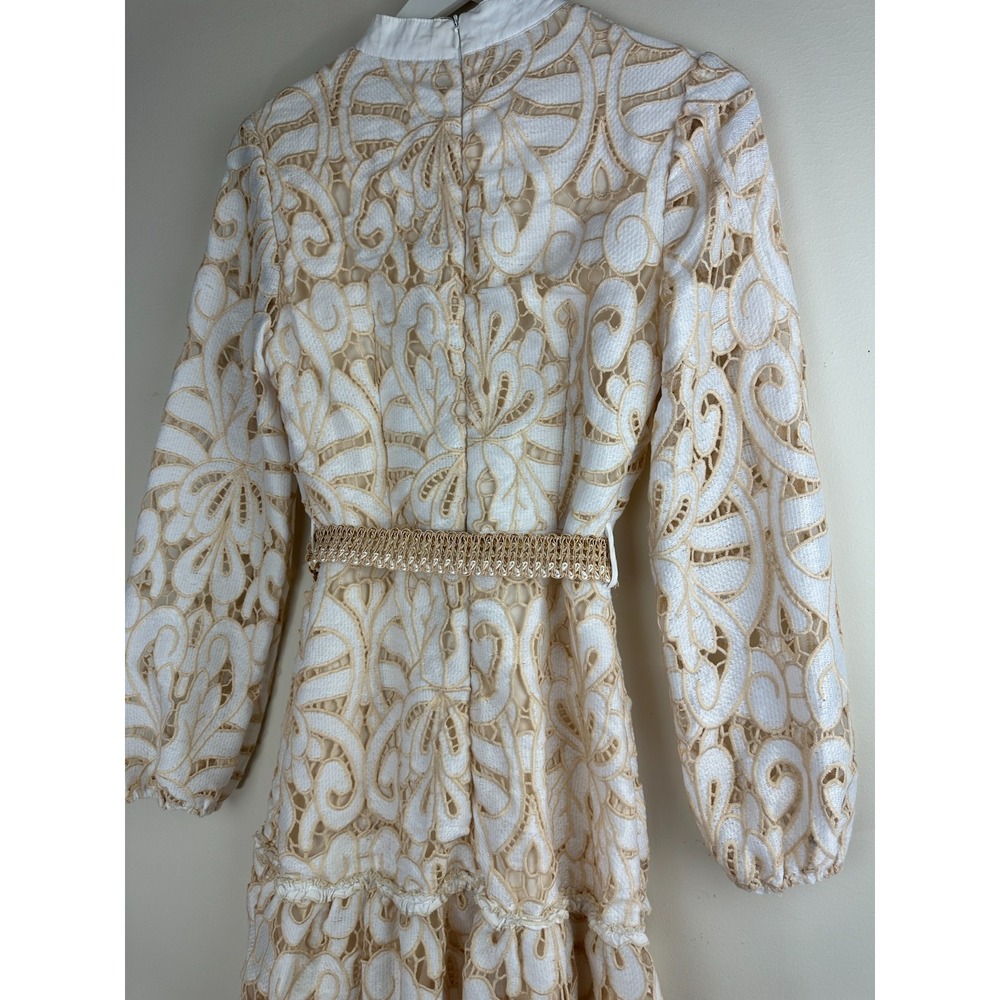 Mulla Embroidery Floral Lace Mock Neck Long Sleeve Mini Dress Ivory Belted Small - Picture 9 of 14
